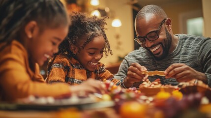 Side view of a family playing games together after Thanksgiving dinner, extending the celebration.