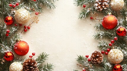 Festive Christmas Decorations with Pine and Ornaments