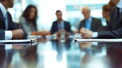 Wall Mural - A group of professionals engaged in a meeting, seated around a table with blurred focus on the participants and documents in a corporate setting.