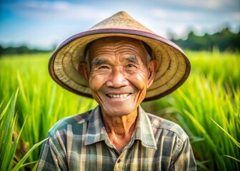 Sticker - With a satisfied smile, the elderly farmer surveys his vibrant green rice fields, embracing the joy of harvest