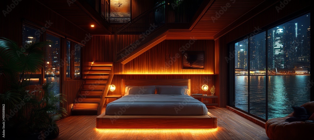 Luxury Bedroom Interior with Panoramic City Night View, King Size Bed ...