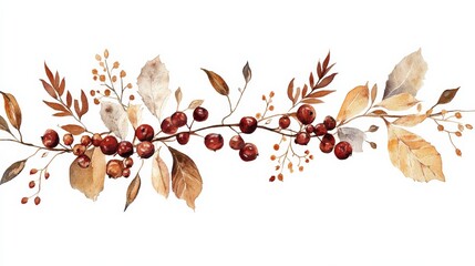 Wall Mural - Watercolor Autumn Branch with Berries and Leaves.