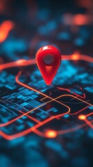 Poster - Red location pin on digital city map, futuristic concept. Navigation and technology theme
