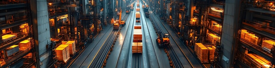 Poster - Aerial view of a bustling industrial warehouse at night.