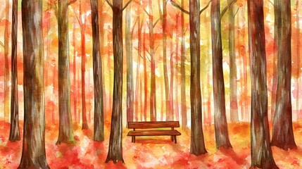 Poster - Watercolor Autumn Forest with Bench