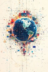 Wall Mural - digital illustration of earth surrounded by vibrant geometric shapes and abstract lines representing
