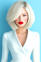 Wall Mural - A woman with blonde hair and red lipstick is wearing a white dress. The dress is long and white, and the woman's hair is styled in a way that covers her face. Scene is elegant and sophisticated