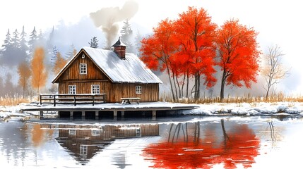 Wall Mural - Watercolor Painting Winter Cabin with Red Trees and Snow