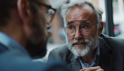 A focused conversation between two individuals, highlighting emotion and engagement, with one older man in glasses listening intently.