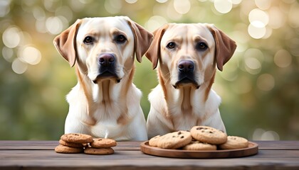 Wall Mural - Playful Labrador puppy surrounded by cookies on a rustic wooden table with a softly blurred background