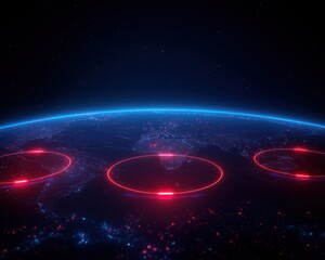 A digital illustration of Earth with glowing red and blue circles, representing data points or network connections against a dark background.