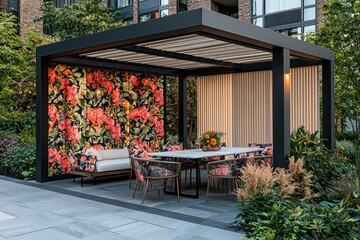 Wall Mural - charcoal frame, floral salmon and ivory vertical louvers modern pergola with a quartz dining set in 