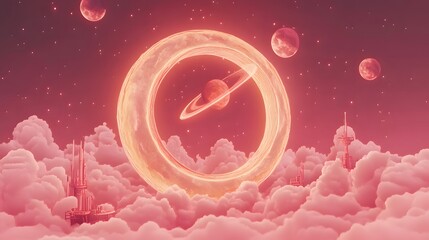 Poster - Futuristic Cityscape in Pink Clouds with Glowing Ring and Planets