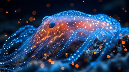 Poster - Bioluminescent jellyfish creature glowing with ethereal luminescence in the mysterious dark depths of the ocean.