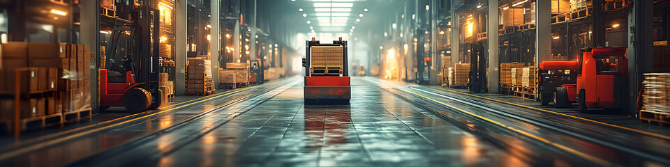 Poster - Blurry image of a dynamic industrial warehouse interior with a forklift in motion,conveying the fast-paced logistics and distribution taking place in this facility.