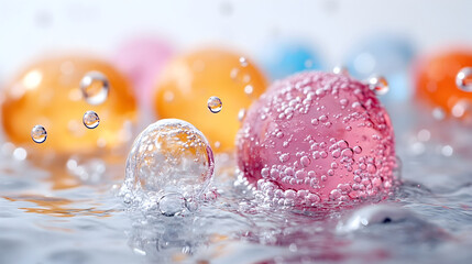 Poster - Captivating close-up photograph showcasing the shimmering,iridescent bubbles and droplets that emerge from the fluid dynamics of a water surface. The spherical.