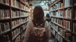 © CreativeVista - Casual Woman Walking Through Spacious Library Aisle with Backpack, Warm Lighting and Minimalist Shelf Arrangement