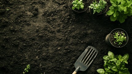 Sticker - Overhead view of a trowel on fertile garden soil with potted plants, including spinach and basil.