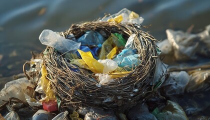 a bird nest made of plastic waste, symbolizing the effects of pollution on wildlife, wildlife impact