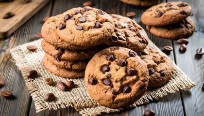 rustic homemade oatmeal cookies with chocolate on weathered wooden surface