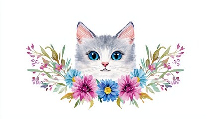 A modern, folk-style cat portrait adorned with colorful flowers and leaves, combining simplicity and elegance in a visually striking design.