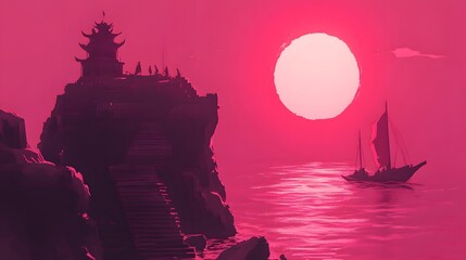 Wall Mural - Pink Sunset Over Sea With Sailboat and Temple on Cliff