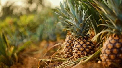 Wall Mural - A close-up of pineapples growing in a plantation, with the spiky leaves and ripening fruits visible against the soil