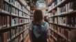 © CreativeVista - Back View of Learner Exploring Library Rows Emphasizing Personal Growth, Academic Discipline and Study Commitment