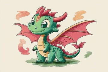 Poster - Cute Green Dragon Cartoon Illustration