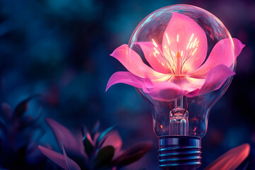 Abstract image of blooming magnolia flower with a glowing light bulb.