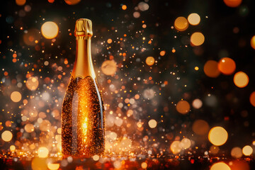 Champagne bottle on dark background with golden bokeh. Luxury new year background.