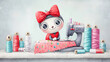 © Wimon - An adorable ladybug tailor with a red bow, sewing a beautiful quilt at her machine, surrounded by spools of thread and fabric scraps.