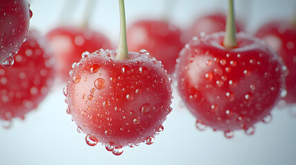 Poster - Closeup macro shot of fresh,ripe,and juicy red cherry fruits hanging on their green stems,with natural water droplets glistening on the surface.