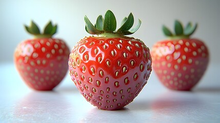 Poster - Close-up macro shot of fresh,ripe,juicy organic red strawberries with green leaves against a light,simple background. Healthy,delicious,and visually appealing fruit for various culinary,food.