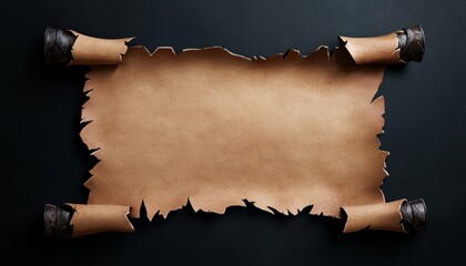 An old parchment scroll, its weathered texture perfect for a magical incantation, pirate treasure map, or ancient legend.