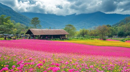 The vibrant flower fields at Flora Park Wang Nam Khiao in full bloom, with bright hues of pink and yellow.