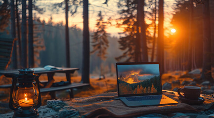 Poster - A modern laptop in a cozy cottage in the woods at sunrise, minimalist.