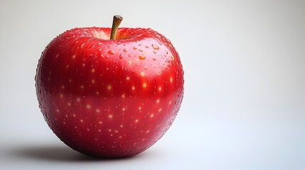 Poster - Close-up of a fresh,ripe,and juicy red apple fruit with water droplets covering the shiny,crisp skin surface. The apple was recently harvested from an orchard,retaining its natural.