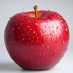 Poster - Closeup of a fresh,ripe red apple with water droplets on the textured surface,showcasing the fruit's natural beauty and nutrition. This image is perfect for use in recipes,healthy eating.