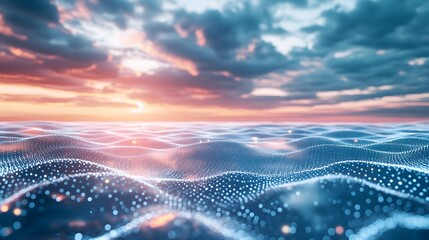 Abstract digital sea with a pink and blue sunset sky