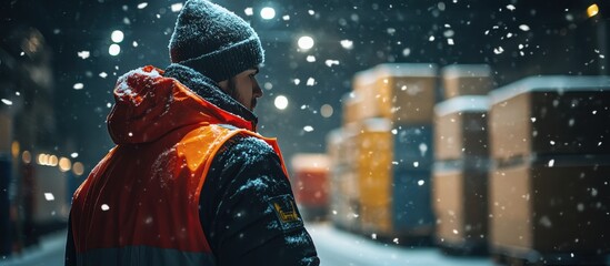 Wall Mural - Warehouse Worker in Winter Gear Observing Snowfall at Night in an Industrial Area