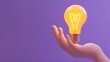 © Berkah - 3D Cartoon hand holding lightbulb on purple background. thinking, good idea and business success creative concept. 3d render illustration.