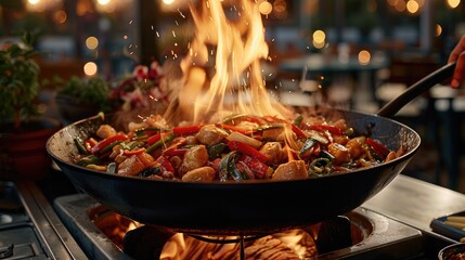 Outdoor wok station with flames visible, tossing a vibrant stir-fry.