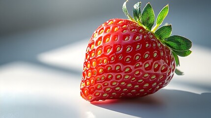 Poster - Closeup of a Ripe and Juicy Strawberry with Green Leaves on a Neutral Background. The Strawberry is Bright Red,Textured,and Showcases the Natural Beauty and Details of this Fresh Fruit.
