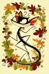 Wall Mural - Whimsical Black Cat with Autumn Leaves