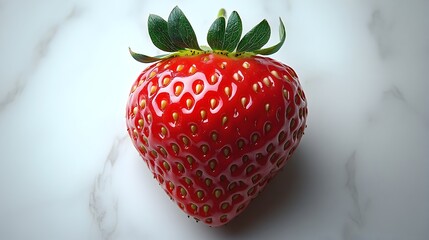 Poster - Closeup of a single fresh,ripe,red strawberry with green leaves on a white marble surface. The strawberry appears juicy,sweet,and appetizing.