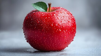 Poster - Closeup of a single,ripe and juicy red apple with water droplets on its textured surface,reflecting a healthy,natural and fresh produce from the garden.