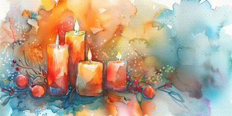 Sticker - Holiday candles in a soft watercolor illustration.