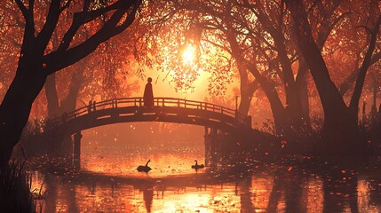 Wall Mural - Silhouette of Woman on Bridge with Autumn Leaves and Swans at Sunset