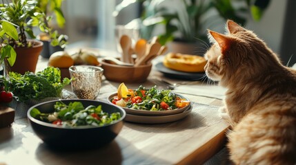 A dining table where humans and pets share plant-based meals, with specially designed dishes for each species